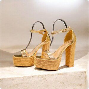 Gold Platform Espadrille High Heel Sandals With Ankle Strap Faux Leather & Braid